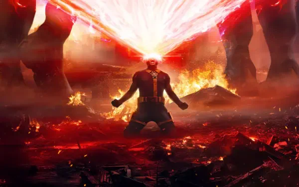 Avengers: Doomsday — 4K Ultra HD PC desktop wallpaper and background: a lone armored Avenger kneels in scorched ruins as a fiery red beam erupts from his head into the burning sky.