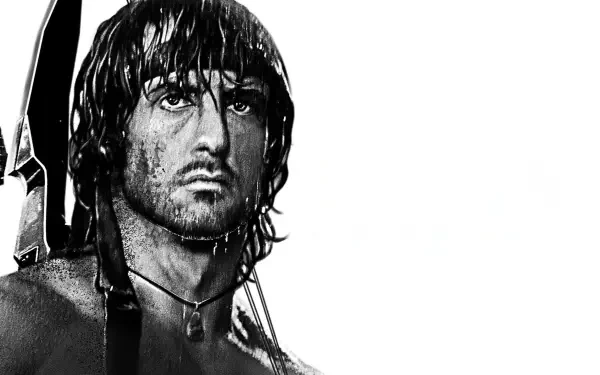 Monochrome close-up of Rambo with wet hair, intense stare and a weapon on his back — dramatic 4K Ultra HD PC desktop wallpaper/background in high-contrast illustrative style.