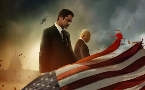 Angel Has Fallen — 4K Ultra HD PC desktop wallpaper/background: two suited men stand in smoke as a tattered American flag waves and a helicopter looms overhead.
