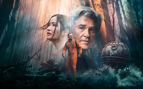 Monarch: Legacy of Monsters 4K Ultra HD PC Desktop Wallpaper and Background — misty forest, two looming faces (woman, older man), a figure in an orange suit and a metallic dome.