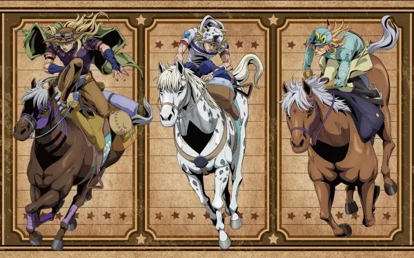 Stylized 5K Ultra HD PC desktop wallpaper of JoJo's Bizarre Adventure: Steel Ball Run — three riders in dynamic gallop panels, vintage western poster styling with bold colors and ornate borders.