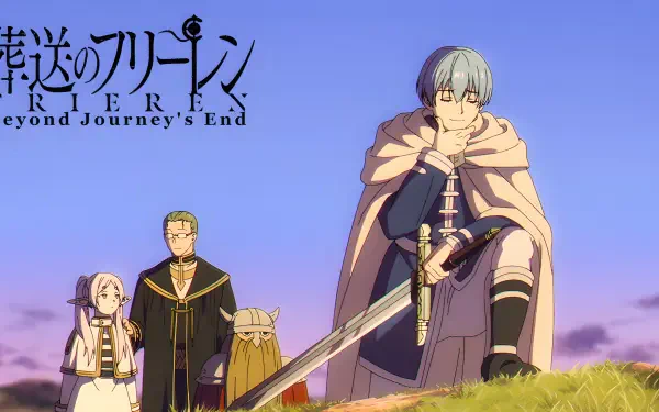 4K Ultra HD PC desktop wallpaper of Frieren: Beyond Journey's End — Himmel (Frieren: Beyond Journey's End) with elf companions on a grassy hill at sunset, anime fantasy scene