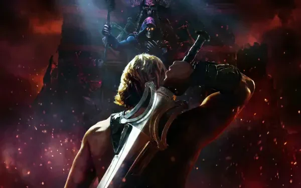 Masters of the Universe (2026) 4K Ultra HD PC desktop wallpaper and background: muscular blonde warrior raising a sword against a towering dark-armored villain amid fiery red cosmic ruins.