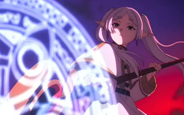 Frieren: Beyond Journey's End anime 4K Ultra HD PC wallpaper — elf mage raising a staff, conjuring a luminous magic circle against a purple-red sky.