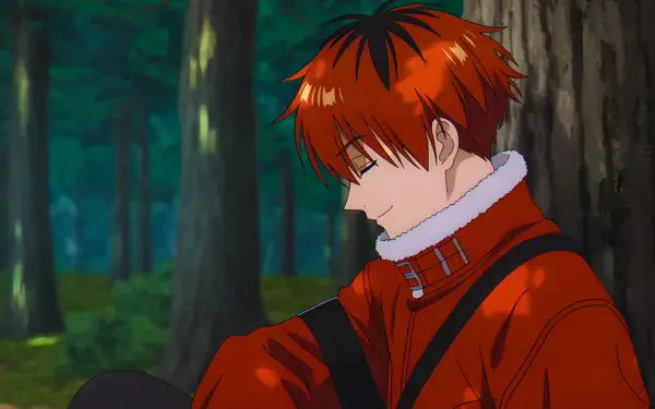 4K Ultra HD PC desktop wallpaper of Stark from Frieren: Beyond Journey's End — a red-haired anime warrior seated against a tree in a quiet forest.