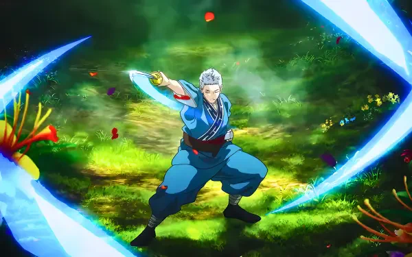 Hell's Paradise anime wallpaper: Shion, a samurai, performing a sweeping blade swipe amid glowing forest light — vibrant 4K Ultra HD PC desktop background.