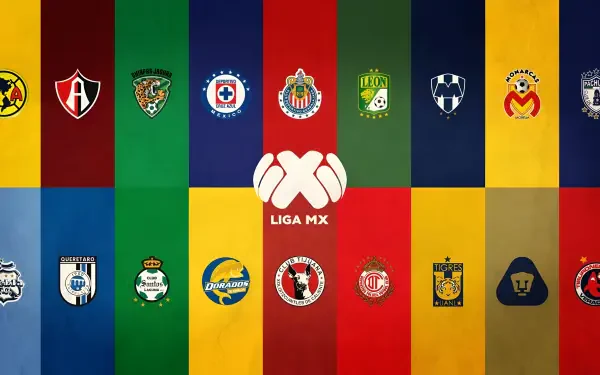 4K Ultra HD Liga MX desktop wallpaper with colorful vertical team stripes and crests, center Liga MX emblem; includes Club América, Club de Fútbol Pachuca and Cruz Azul logos.