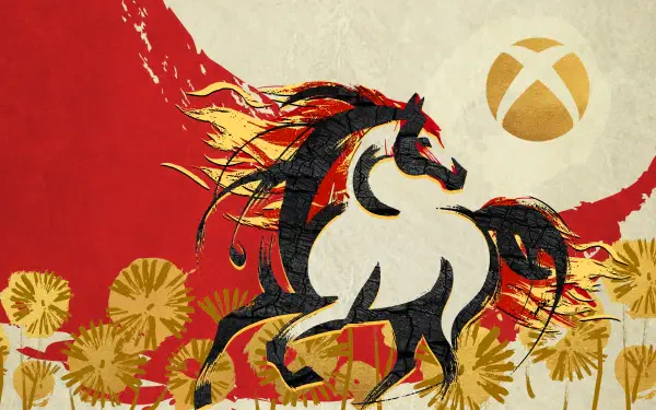 Bold red and gold Lunar New Year desktop wallpaper: stylized rearing horse with flowing mane, gold floral accents and a gold Xbox logo — 2K Quad HD PC desktop background.
