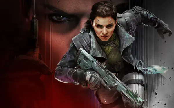 2K Quad HD PC desktop wallpaper: video game cyberpunk girl from Call of Duty: Black Ops 7, leaping with a futuristic rifle against a red-and-metal background, intense stare.