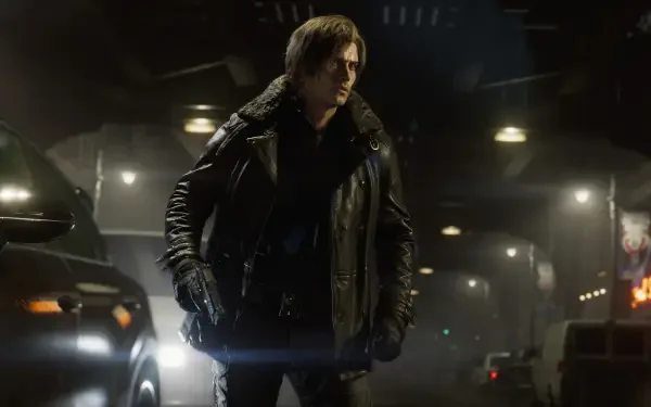 4K Ultra HD PC desktop wallpaper of Leon S. Kennedy from the video game Resident Evil Requiem: standing in a rain-slick urban street, leather jacket, tense and ready.