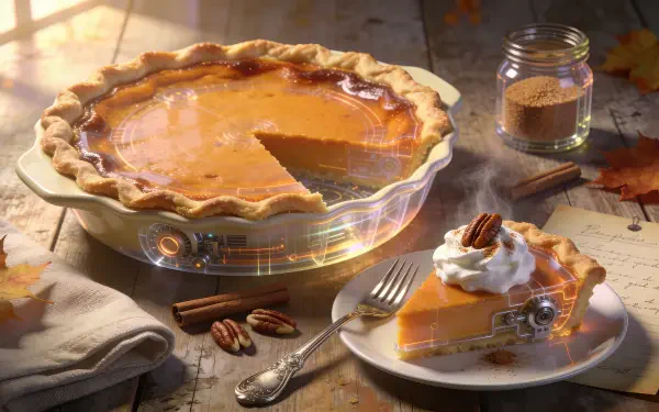 4K Ultra HD PC desktop wallpaper background: warm autumn still life of a glossy sweet potato pie, a plated slice with whipped cream and pecans, cinnamon sticks and a jar of brown sugar.