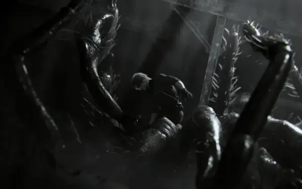 Monochrome Resident Evil Requiem 4K Ultra HD PC desktop wallpaper/background: shadowy tentacled creature closing on a trapped figure amid rain-slick, high-contrast horror from the video game.