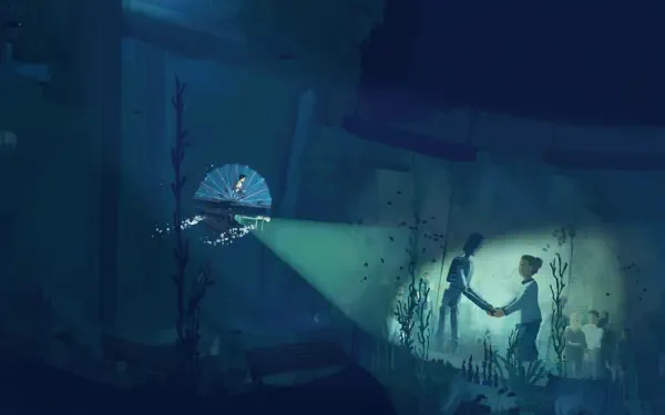HD PC desktop wallpaper and background from the video game Planet of Lana II: a silhouetted figure beams a light at a glowing, mechanical creature amid blue, ruined underwater scenery.