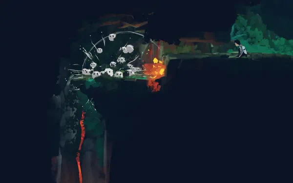 HD PC desktop wallpaper from the video game Planet of Lana II: a silhouetted figure on a green ledge peers over a glowing chasm filled with ghostly white creatures and orange light.