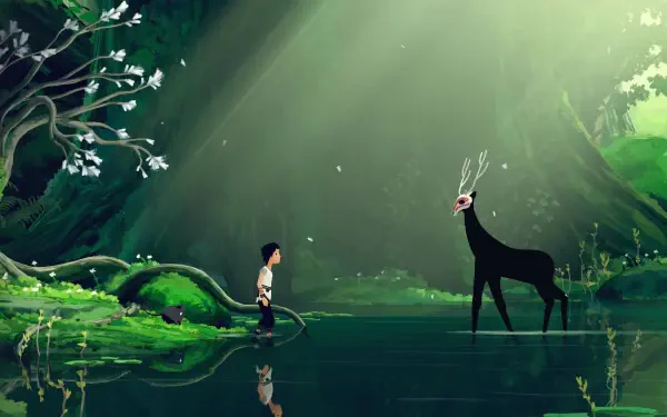 HD PC wallpaper from video game Planet of Lana II — minimalist gaming art: a child and antlered creature face each other in a luminous forest pond.