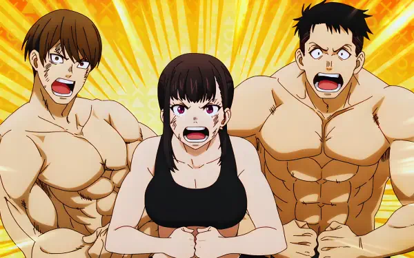 4K Ultra HD PC wallpaper: Fire Force anime character Maki Oze flexes with two muscular men, striking a fierce, energetic pose against a radiant yellow burst background.