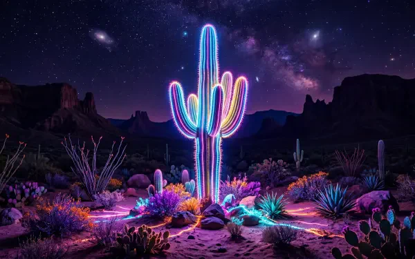 Neon-lit saguaro cactus and colorful desert plants under a starry Milky Way night, vivid hues and silhouetted mesas — 5K Ultra HD PC Desktop Wallpaper and Background.