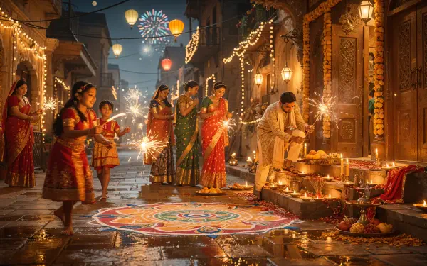Diwali street scene with families in traditional dress lighting sparklers and oil lamps around a colorful rangoli, lanterns and string lights — 4K Ultra HD PC Desktop Wallpaper and Background.