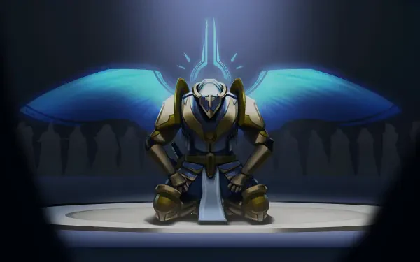 4K Ultra HD PC desktop wallpaper: ULTRAKILL video game angel warrior kneeling on a blade, glowing blue wings unfurled behind them in a dark, cathedral-like chamber.
