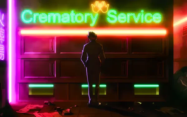 David from Cyberpunk: Edgerunners silhouetted beneath a neon Crematory Service sign in a rain-slick, neon anime city — 4K Ultra HD PC desktop wallpaper.