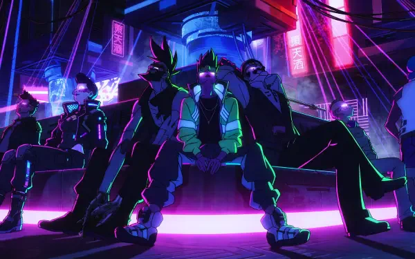 5K Ultra HD PC desktop wallpaper: anime Cyberpunk: Edgerunners scene of David in a neon club with his crew, virtual reality overlays and glowing signs.