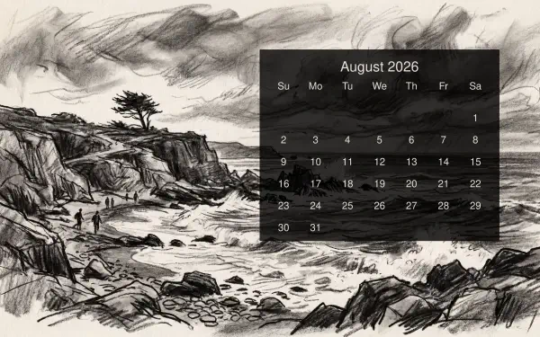 Monochrome sketch of a rugged coastline with cliffs, rocks, two figures and crashing waves, overlaid by an August 2026 calendar — 5K Ultra HD PC desktop wallpaper and background.