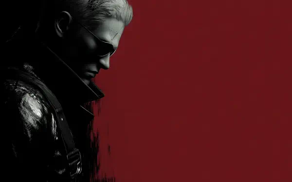 2K Quad HD PC wallpaper: Albert Wesker (Resident Evil Requiem) in red and black, shadowed profile evoking a dark gaming atmosphere.