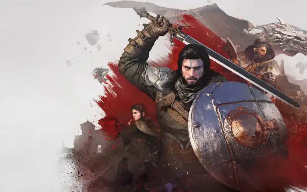 Crimson Desert video game RPG 4K Ultra HD PC wallpaper: armored warrior with raised sword and shield, red brushstroke backdrop and shadowed companions