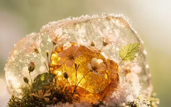 Spring aesthetic 4K Ultra HD PC desktop wallpaper and background: a golden glowing egg melting from ice, cradled by tiny blossoms, dew drops, moss and soft sunlit bokeh.