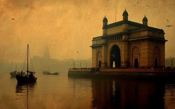 Sepia 2K Quad HD PC desktop wallpaper of the Gateway of India monument in Maharashtra, India, silhouetted at dawn with boats and birds on calm water.