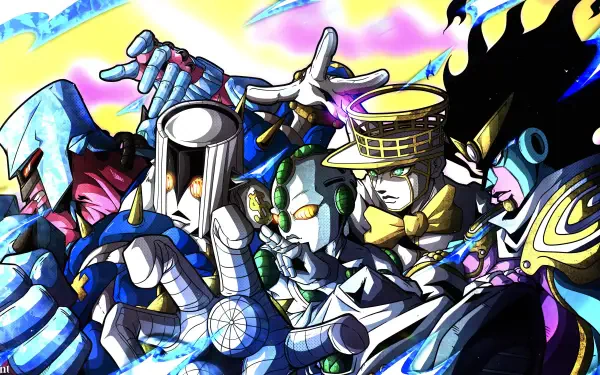 Vibrant 4K desktop wallpaper of JoJo's Bizarre Adventure featuring Stands Crazy Diamond, The Hand, Echoes and Heaven's Door in dynamic, colorful poses against a bright sky.