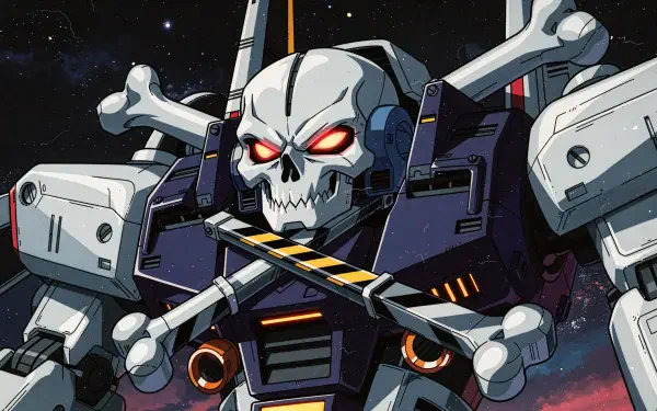 4K Ultra HD PC desktop wallpaper: a robotic mech with a skull-and-crossbones motif, glowing red eyes and crossed bones set against a dark, star-filled space background.