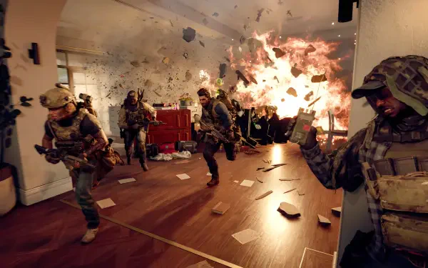 Battlefield 6 video game scene: soldiers sprint through a room as a massive explosion erupts behind them — 2K Quad HD PC desktop wallpaper/background.