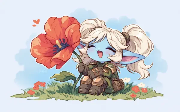 Kawaii chibi video game character Poppy from League of Legends sits smiling beside a giant poppy on grass — 2K Quad HD PC desktop wallpaper.
