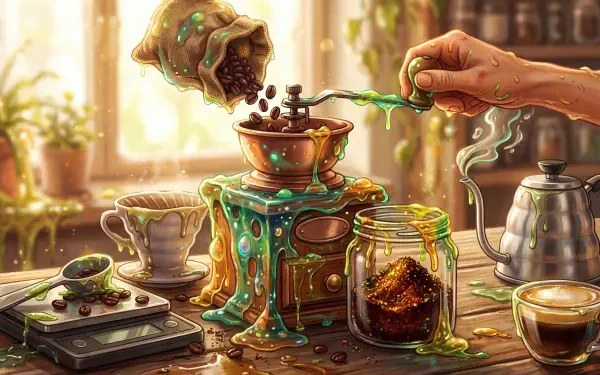 Surreal coffee grinder dripping luminous green syrup over jars, cups and beans on a sunlit counter — 5K Ultra HD PC desktop wallpaper and background.