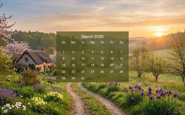 March 2026 calendar overlaid on a 5K Ultra HD PC desktop wallpaper and background: sunrise behind a country cottage, blossom trees, flower-lined dirt path and rolling green hills.