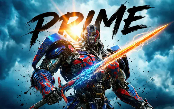 Transformers Prime mech warrior wielding a glowing energy sword under stormy skies — 5K Ultra HD PC desktop wallpaper/background.