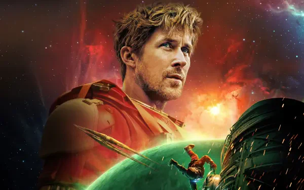 Project Hail Mary 4K Ultra HD PC desktop wallpaper and background: lone astronaut in a red suit stares past a green planet toward a shattered spacecraft under a blazing cosmic sky.