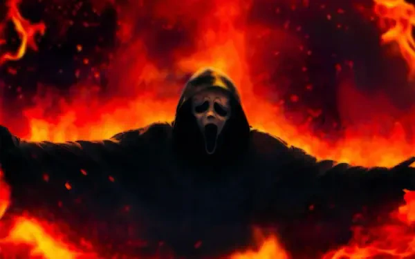Scream 7 4K Ultra HD PC desktop wallpaper/background: Ghostface in a dark cloak, arms outstretched, screaming mask framed by roaring red-orange flames and burning embers.