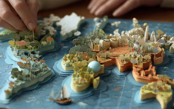 Interactive pop-up book world map with miniature 3D continents, boats and landmarks on a textured blue sea — 2K Quad HD PC desktop wallpaper and background.