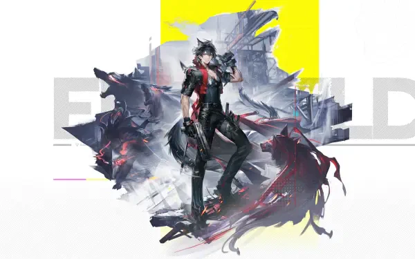 4K Ultra HD PC desktop wallpaper of Wulfgard from video game Arknights: Endfield — lone armored figure amid dark wolf-like shadows and abstract shattered cityscape with yellow accent.