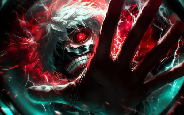 Dark anime 2K Quad HD PC wallpaper of Tokyo Ghoul's Ken Kaneki, red ghoul eye and wide grin, hand lunging through a crackling red-black aura.