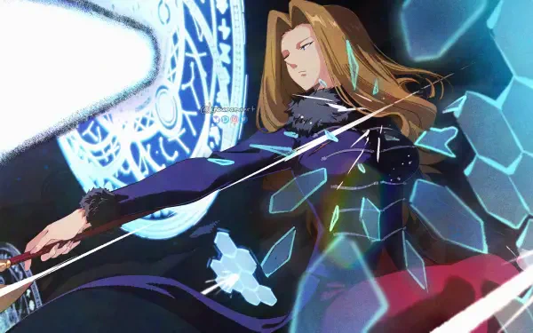 Methode from Frieren: Beyond Journey's End in a dark cloak, casting luminous blue magic sigils as crystalline shards swirl — 4K Ultra HD anime PC desktop wallpaper.