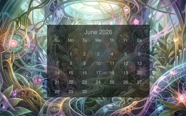 June 2026 calendar overlaid on a vibrant abstract fractal botanical scene, labeled as a 5K Ultra HD PC desktop wallpaper and background.