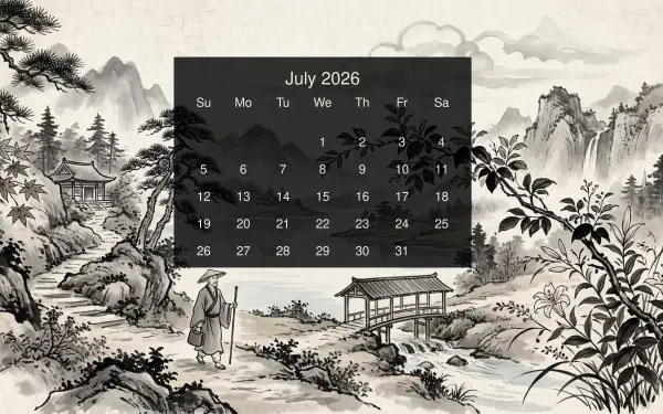 July 2026 calendar overlaying a monochrome Chinese ink‑wash landscape; 5K Ultra HD PC desktop wallpaper and background.