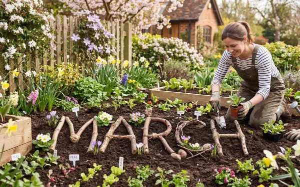 Spring garden scene with a woman planting flowers and MARCH spelled in soil, daffodils and blossoms — 5K Ultra HD PC Desktop Wallpaper and Background.