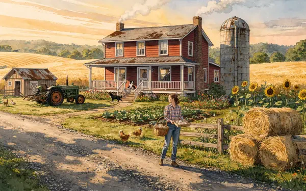 Sunlit farmhouse scene with tractor, silo, sunflowers and hay bales; farmer at gate; 4K Ultra HD PC desktop wallpaper and background.