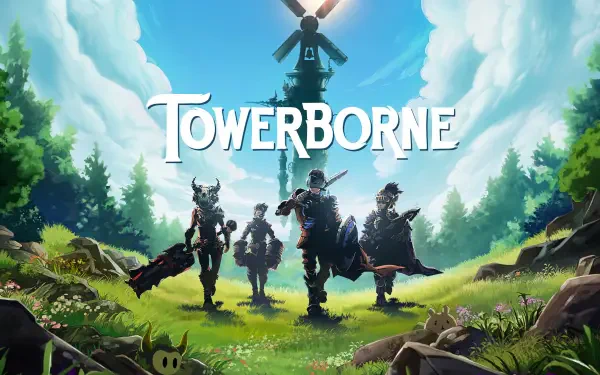Towerborne video game 8K Ultra HD PC desktop wallpaper and background: four armored heroes stride toward a towering windmill beneath bright skies, lush meadow and distant tower in stylized fantasy art.