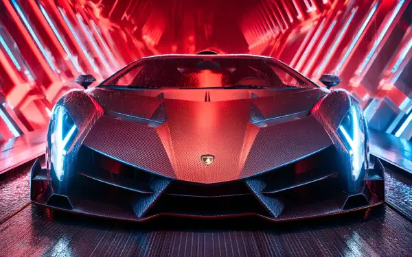 Front view of a red Lamborghini Veneno supercar under neon red and blue lights, dramatic shot — 2K Quad HD PC desktop wallpaper/background.