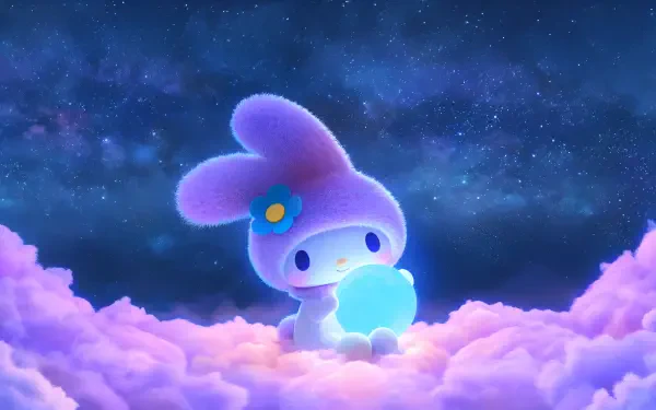 Kawaii Sanrio anime scene of Onegai My Melody's My Melody sitting on pink clouds at night, holding a glowing orb — 2K Quad HD PC desktop wallpaper background.